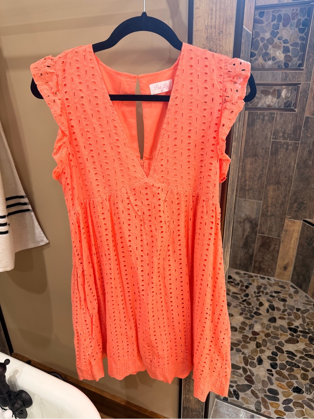 Pink Lily Coral Eyelet V-Neck Ruffled Sleeve Tunic